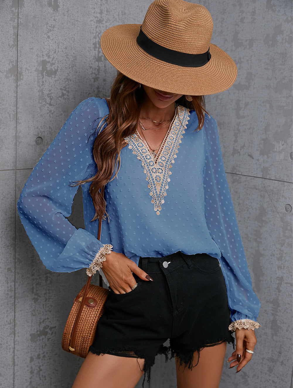 Chiffon Women Long Sleeves Lace Blouses