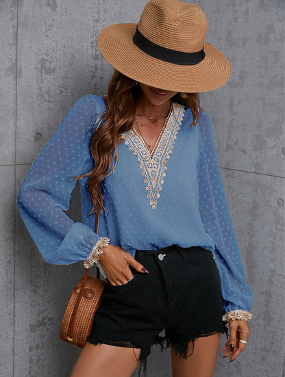 Chiffon Women Long Sleeves Lace Blouses