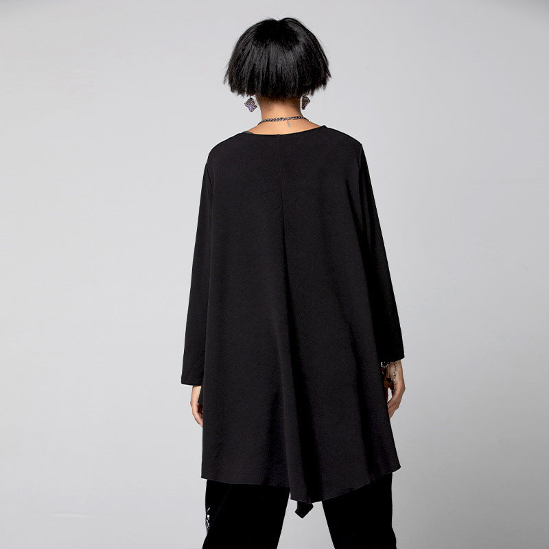 Black Round Neck Irregular Women Long Sleeves T Shirts