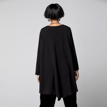 Black Round Neck Irregular Women Long Sleeves T Shirts