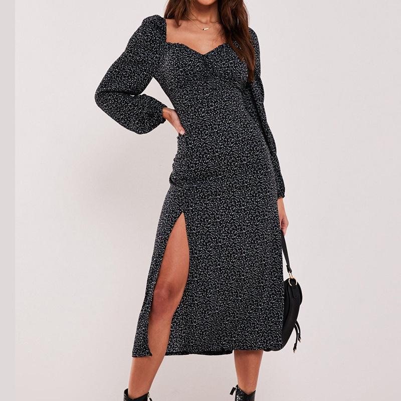 Women Square Neckline Fashon Split Fall Dresses-STYLEGOING