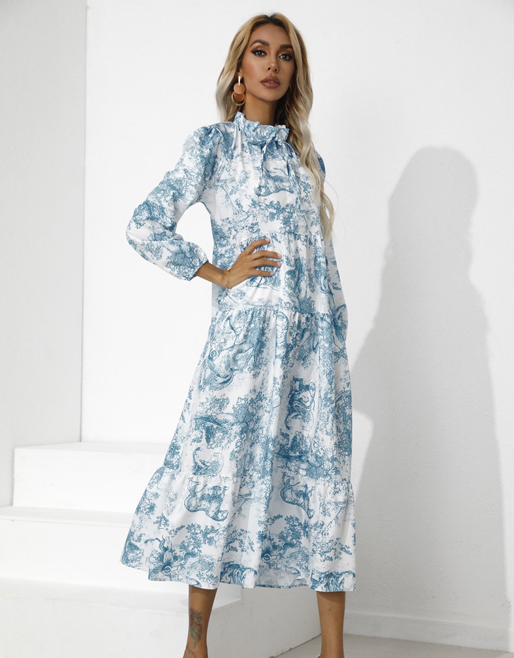Women Round Neck Loose Fall Long Dresses-STYLEGOING