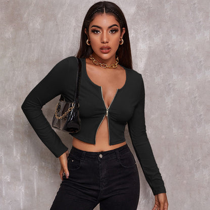 Sexy Zipper Knitted Long Sleeves T Shirts