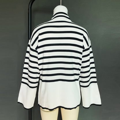 Women High Neck Knitting Striped Sweaters