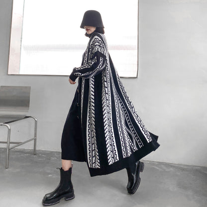 Casual Black Striped Long Knitting Cardigan Tops