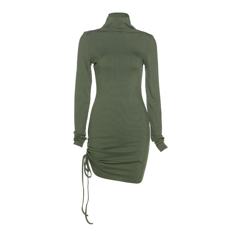 Sexy Women High Neck Drawstring Bodycon Fall Short Dresses