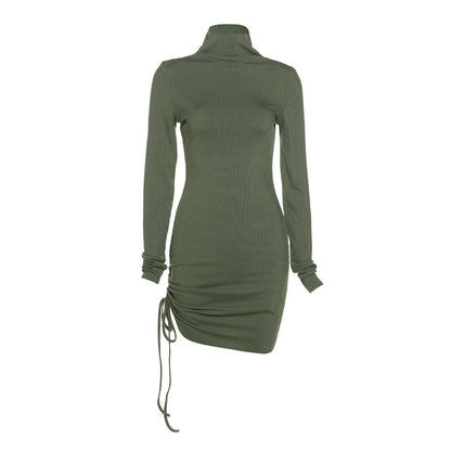 Sexy Women High Neck Drawstring Bodycon Fall Short Dresses