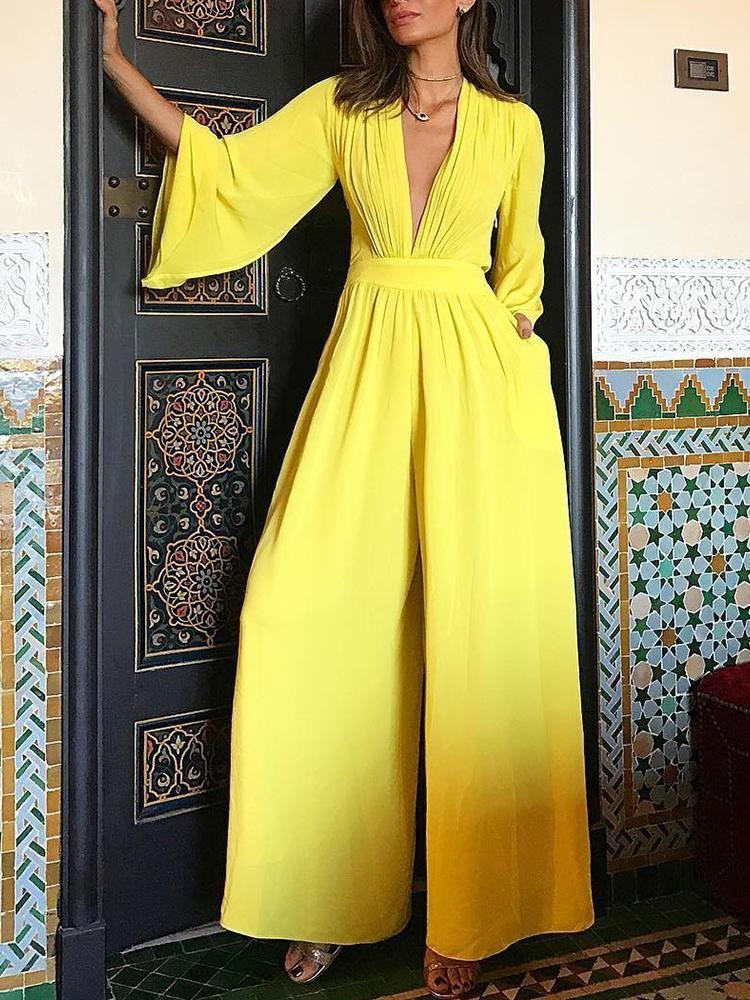 Yellow Long Sleeves V Neck Jumpsuits-STYLEGOING