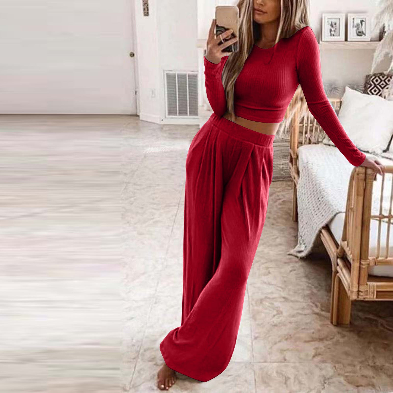 Casual Women Knitting Short Tops and Pants Sets