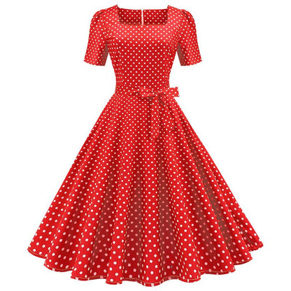 Short Sleeve Square Neckline Print Dot Dresses-STYLEGOING