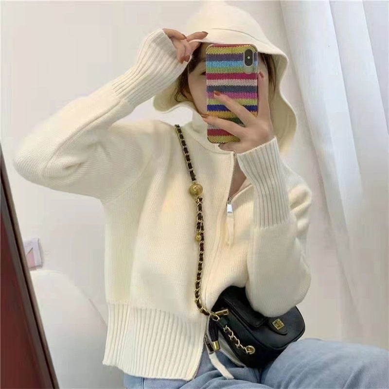 Casual Double Zippered Short Knitting Hoodies Sweaters