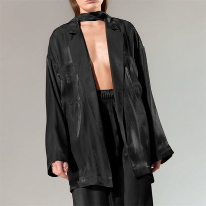Casual Satin Women Long Sleeves Shirts and Wide Leg Pants