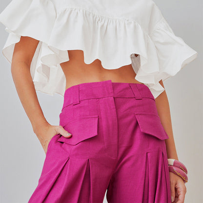 Rose Red High Waist Wide Legs Pants for Women