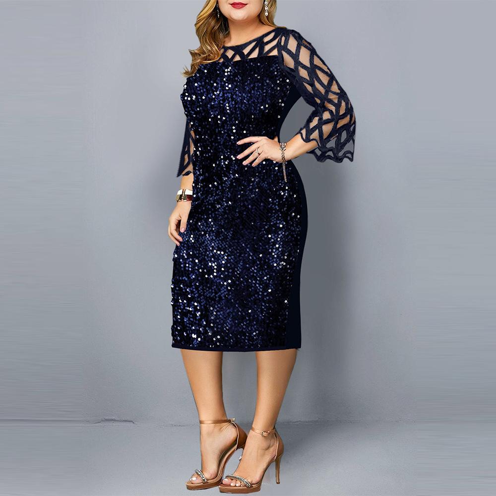 Women Sequin Plus Sizes 3/4 Length Sleeves Fall Dresses-STYLEGOING