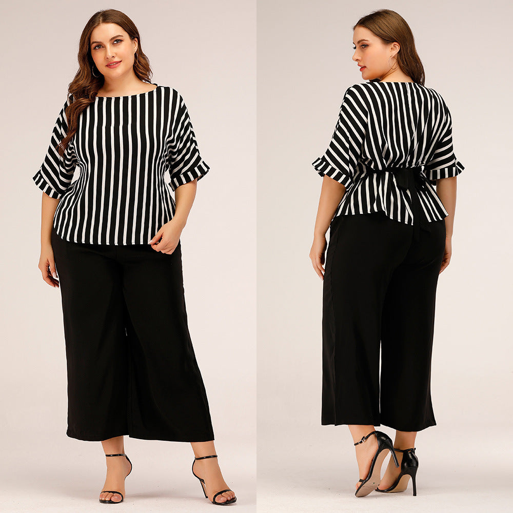 Fashion Striped Plus Sizes Tops and Pants Women Suits