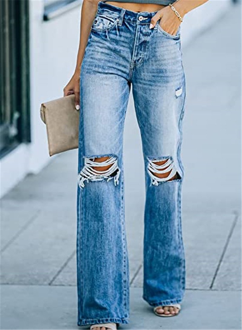 Women High Waist Broken Leisure Demin Pants-STYLEGOING