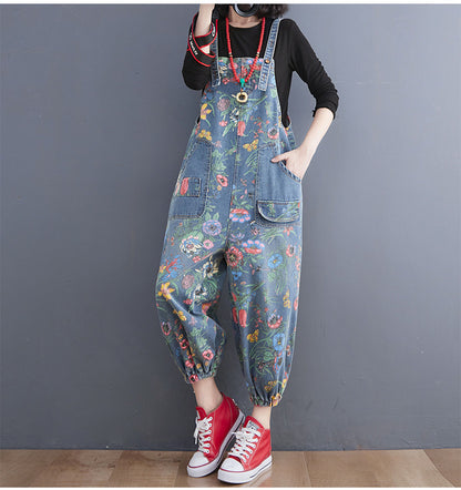 Casual Floral Print Women Denim Suspender Pants