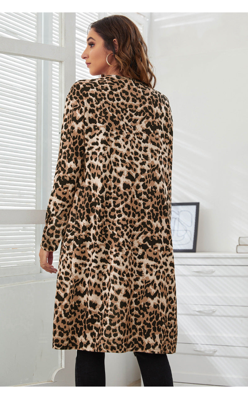 Leopard Print Knitted Long Coats Cardigan