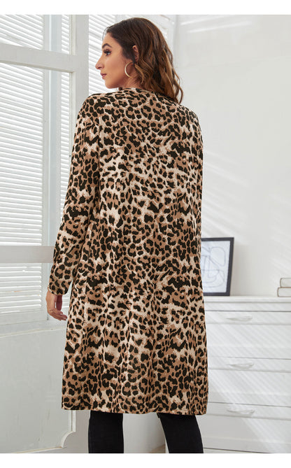 Leopard Print Knitted Long Coats Cardigan