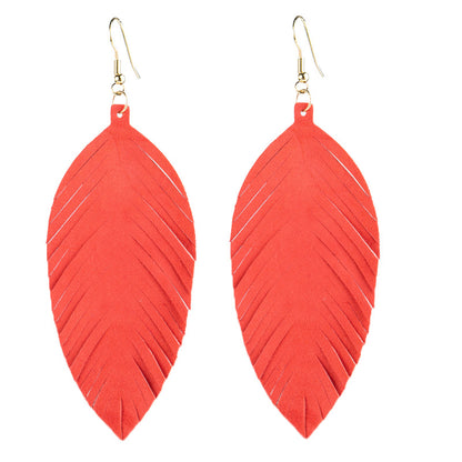 Leaves Designed Tassels Pu Leather Women Earrings