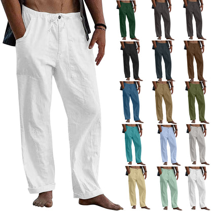Casual Linen Men's Summer Beach Pants with Elastic Waist