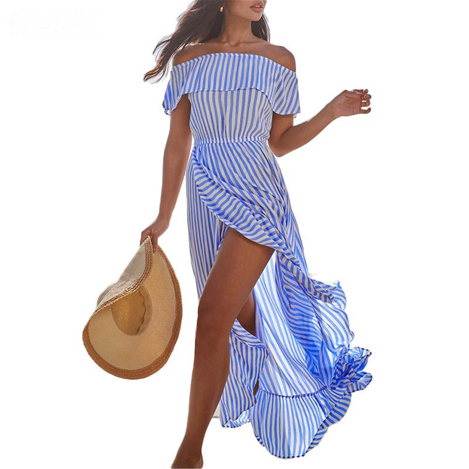 Off The Shoudler Striped Irregular Long Dresses-STYLEGOING