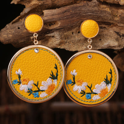 Vintage Pu Leather Embroidery Ethnic Earrings for Women