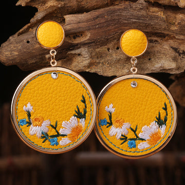Vintage Pu Leather Embroidery Ethnic Earrings for Women