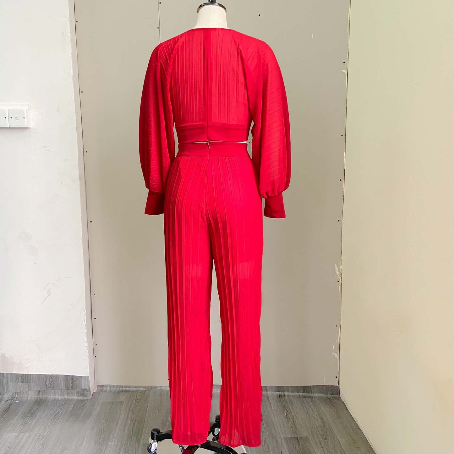 Sexy Women Two Pieces Long Sleeves Short Tops and Wide Legs Pants