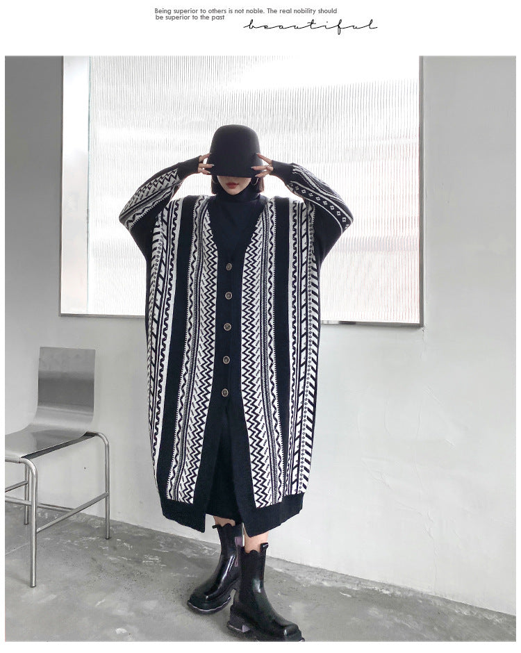 Casual Black Striped Long Knitting Cardigan Tops