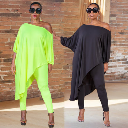 One Shoulder Irregular Bat Sleeves Tops&pants Suits