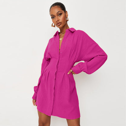 Rose Red Cotton Long Sleeves Short Women Shrit Dresses