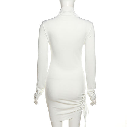 Sexy Women High Neck Drawstring Bodycon Fall Short Dresses