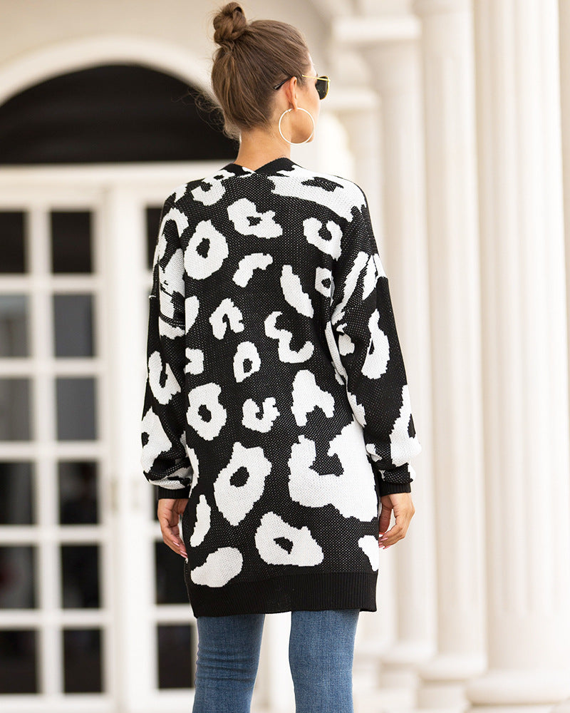 Women Leopard Design Pockets Knitting Cardigans