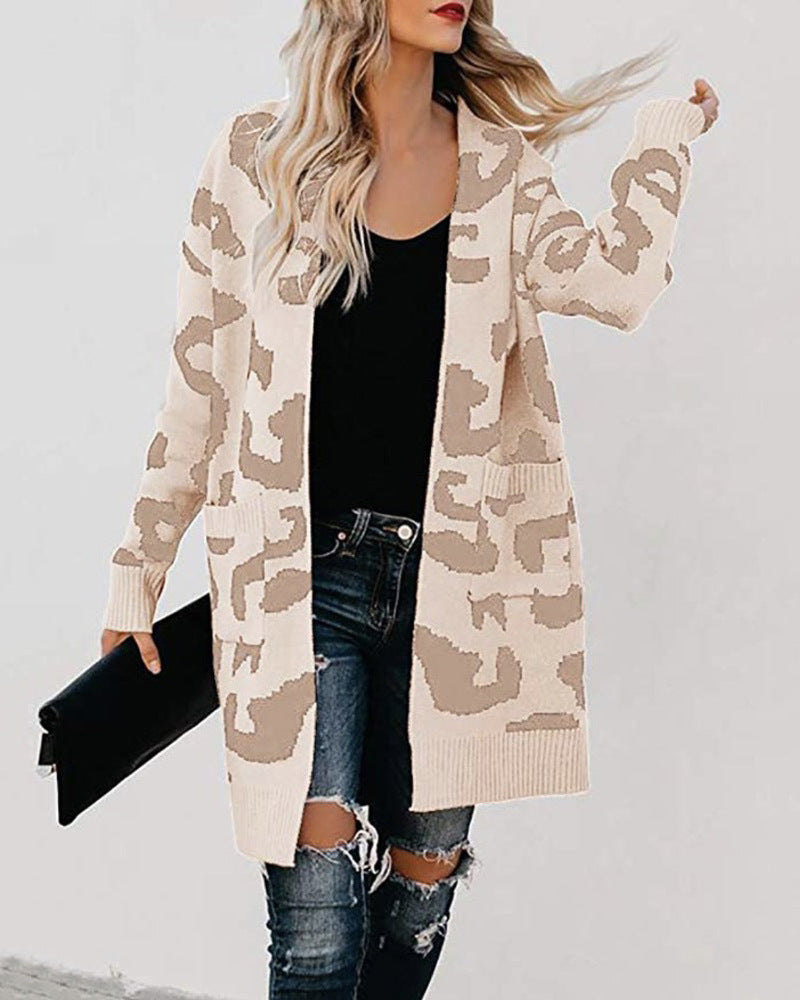 Women Leopard Design Pockets Knitting Cardigans
