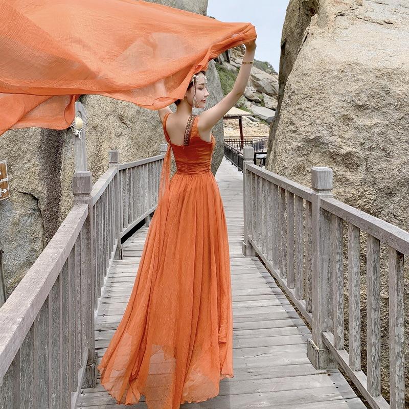 Orange Women Holiday Long Dresses-STYLEGOING