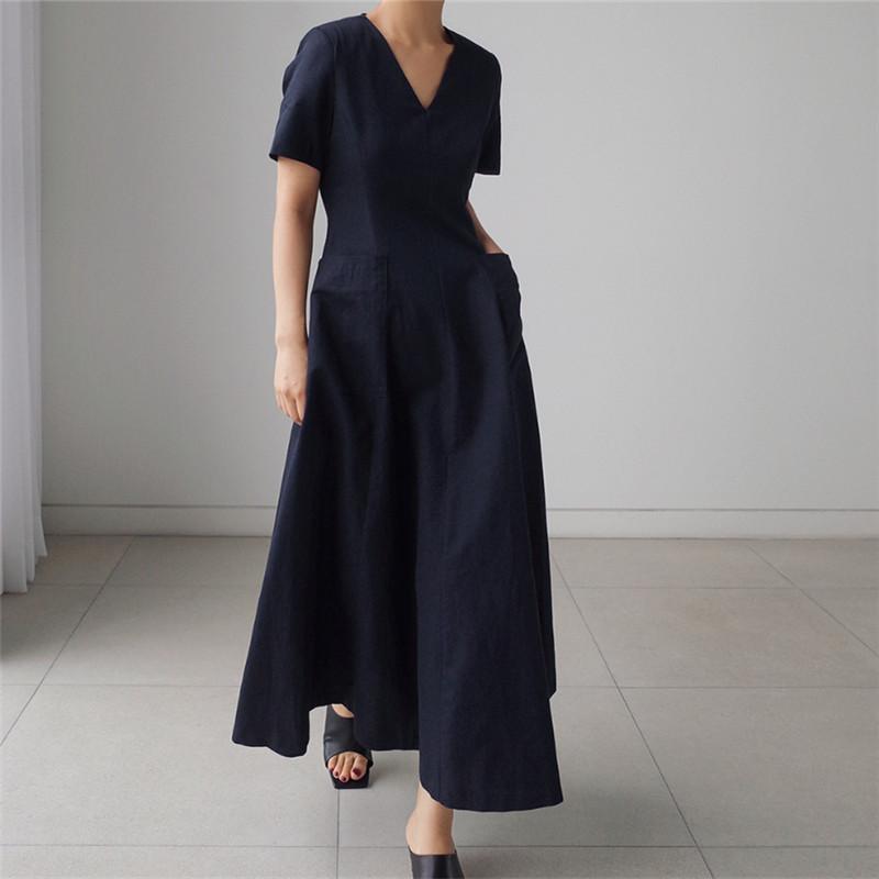 Women Short Sleeves Pocket V Neck Long Maxi Dresses-STYLEGOING