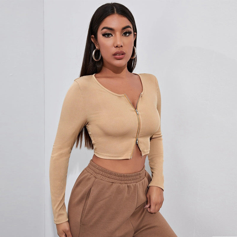 Sexy Zipper Knitted Long Sleeves T Shirts