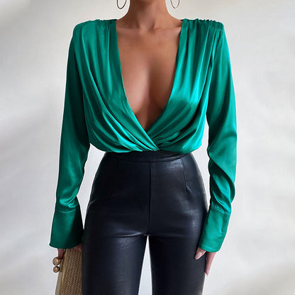 Sexy Deep V Neck Long Sleeves Shirts Jumpsuits