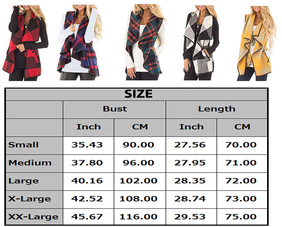 Women Plaid Pocket Cardigan Vest Coat