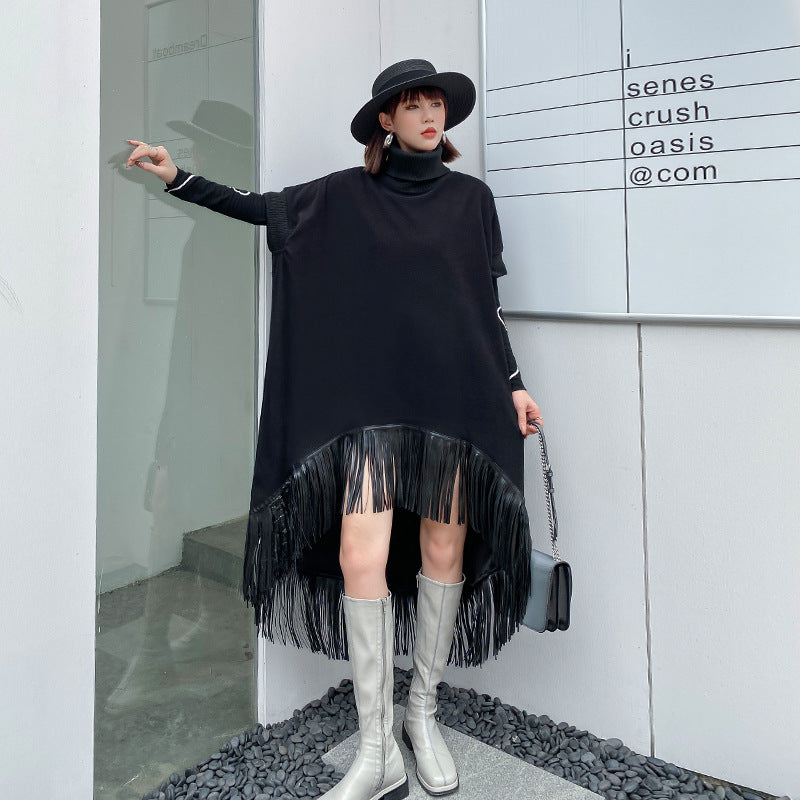 Vintage Tassels Turtleneck Black Dresses for Women