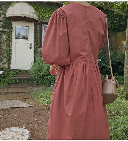 Casual Vintage Women Latern Sleeves Fall Long Dress-STYLEGOING