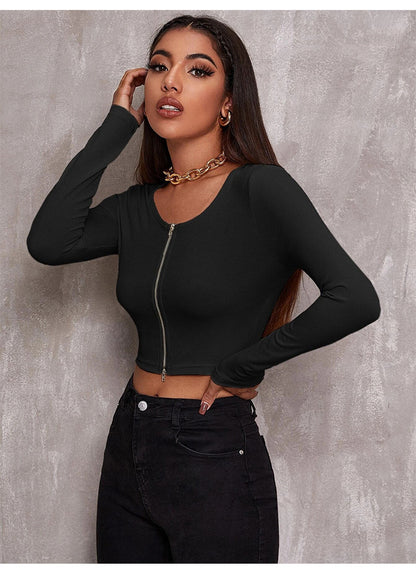 Sexy Zipper Knitted Long Sleeves T Shirts
