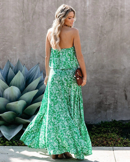 Green Leaf Print Strapless Ruffled Long Dresses-STYLEGOING
