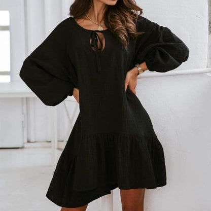 Women Lace Up Linen Long Sleeves Short Dresses-STYLEGOING