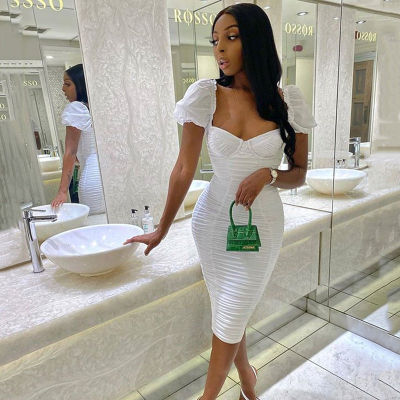 Sexy Square Neckline Puff Sleeves Tight Dresses