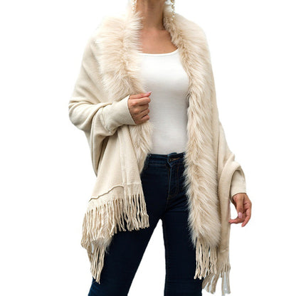 Women Winter Tassels Fur Collar Cardigan Overcoat
