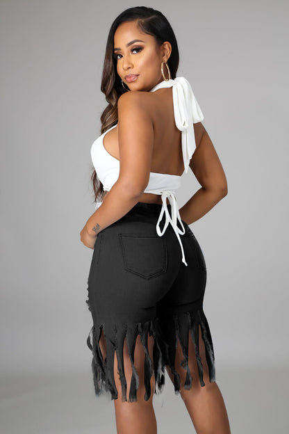 Casual Broken Holes Tassels Short Jeans