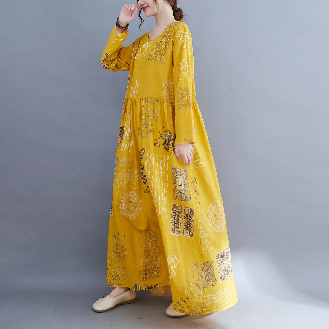 Women Yellow Plus Sizes Long Cozy Dresses