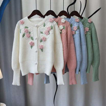 3D Knitting Rose Design Sweetly Knitted Overcoats